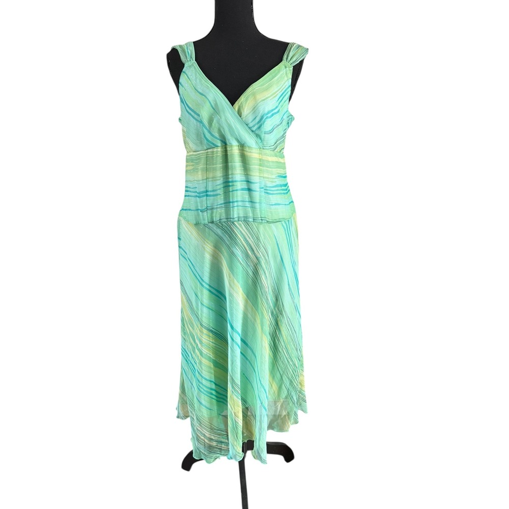 VTG Abstract Stripe Midi Dress V Neck Sleeveless Sheer Overlay Whimsical‎ Fairy